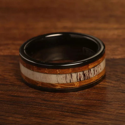 Men's 8mm Tungsten Deer Antler Whiskey Barrel Wood Inlay Engagement Wedding Band